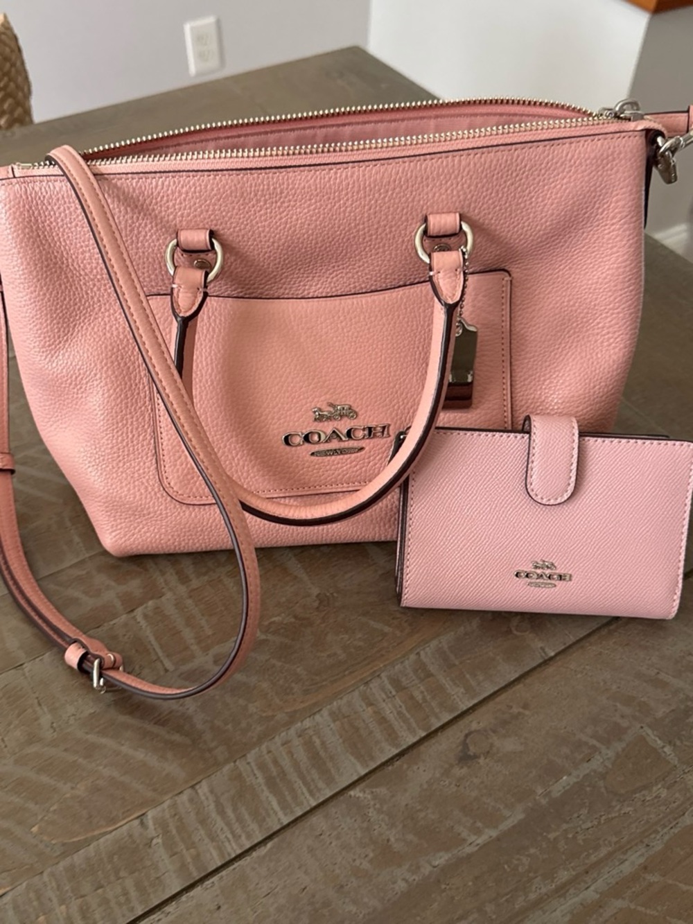 COACH Pink Pebbled Leather Satchel with Matching Wallet